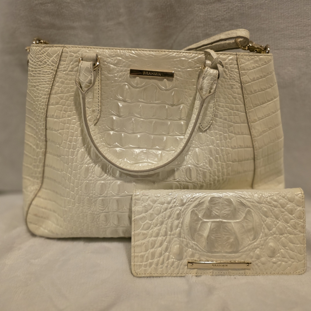 Brahmin Ivory Crocodile Embossed Shoulder Bag and Wallet